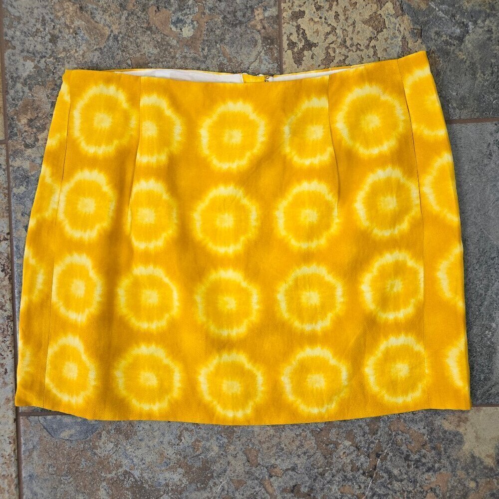 J Crew Size 4 Yellow Tie Dye Miniskirt Silk Linen Blend Exposed Back Zip Lined